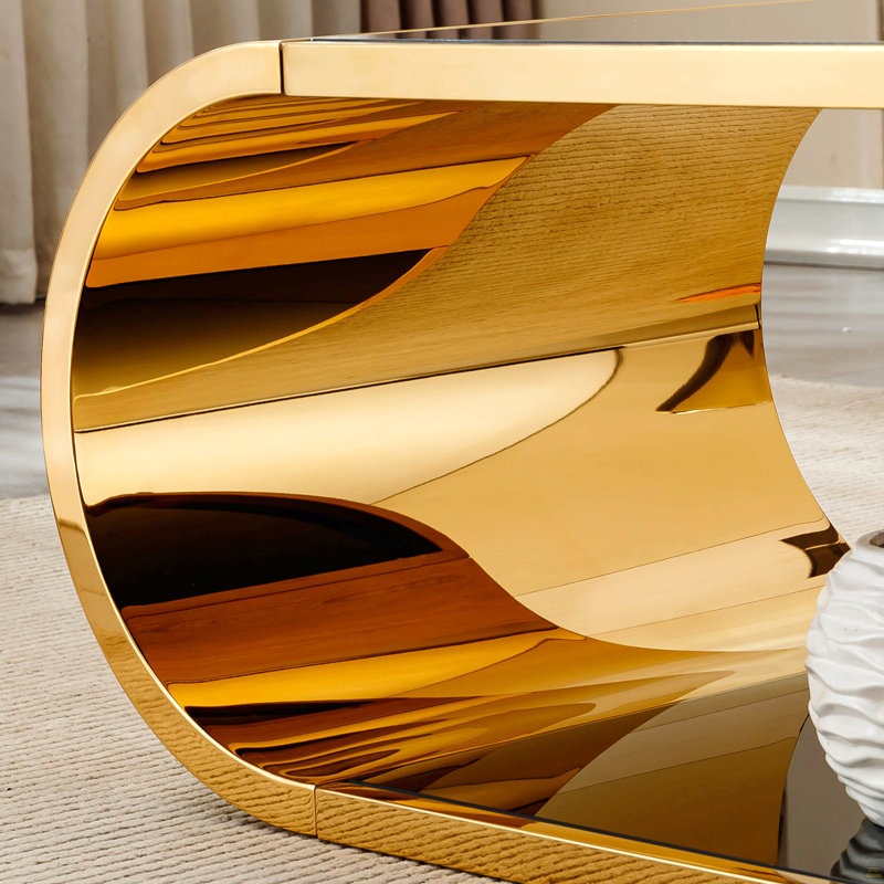 Table basse 57 po en acier inoxydable doré avec verre, table basse moderne