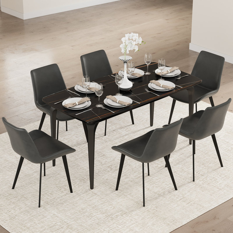 6 Seat Modern Stone Dining Table Set With Faux Leather Side Chairs, 7-piece Dining Set, Gray, Black