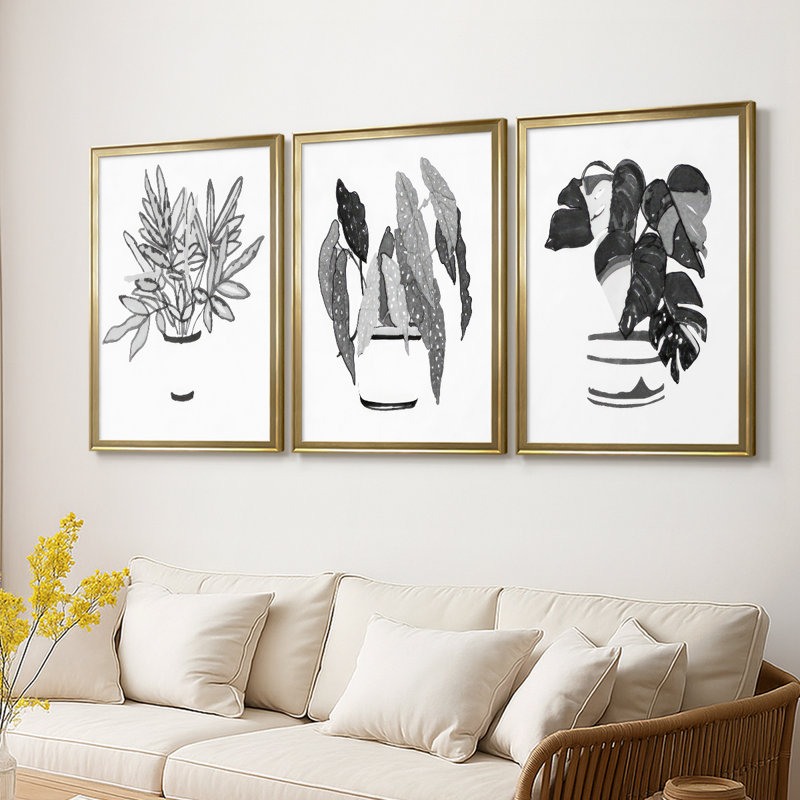B&W Plante d'intérieur IV - Toile sur châssis tendue avec châssis encadré - 3 pièces, H 27 po x l 39 po, Doré