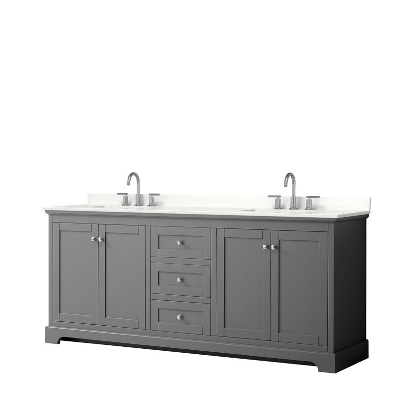 Avery Double Bathroom Vanity with Quartz Top, Dark Gray, White Quartz, Polished Chrome