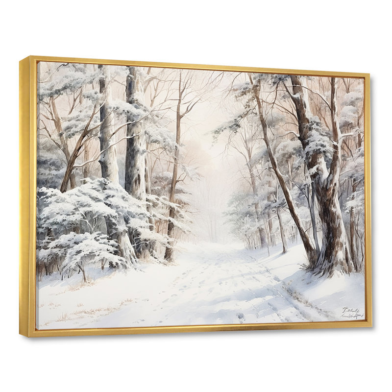 Hiver, forêt, charme de neige, paysage - neige, art mural, H 24 po x l 32 po x P 1 po, Cadre flottant doré
