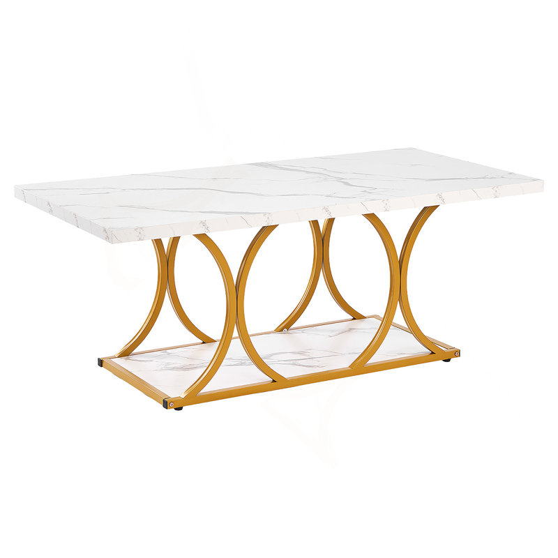 Table basse, table basse moderne en faux marbre, grand bureau central rectangulaire à 2 niveaux avec pieds géométriques, bureau d'appoint minimaliste robuste en métal pour le salon, le bureau, facile à assembler, blanc