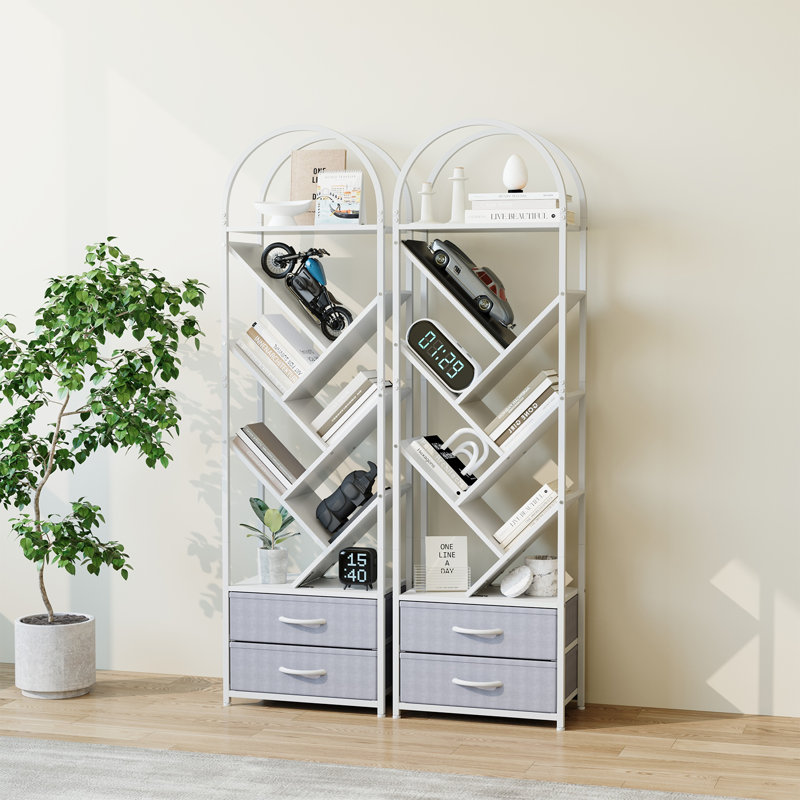 Bibliothèque 55 "avec 2 tiroirs en tissu, bibliothèque étroite à 6 niveaux pour petits espaces, blanc industriel, Blanc