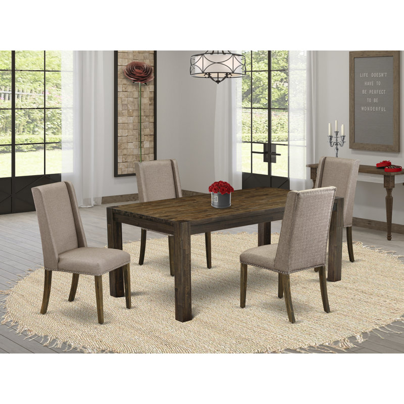 Ensemble de table de salle à manger 5 pièces pour 4 personnes comprenant une table de salle à manger rectangulaire en bois rustique et 4 chaises rembourrées en tissu kaki foncé