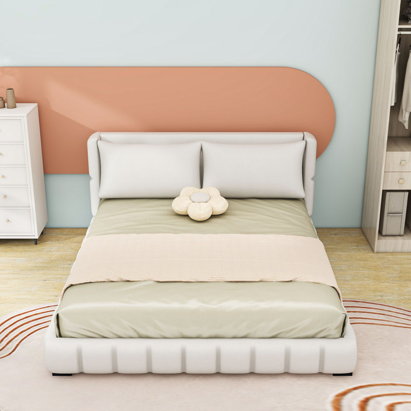 Lit plateforme tapissier avec 2 coussins, Blanc, Très grand lit