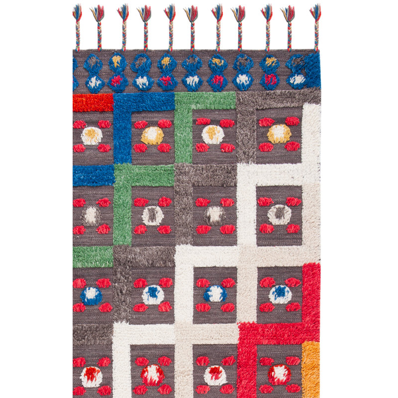 Tapis géométrique en laine / coton tissé à la main Casablanca en rouge / brun / bleu, Rectangle 5 pi x 8 pi