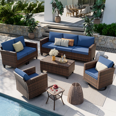  Canapé d'extérieur en osier 6 pièces avec chaises berçantes pivotantes