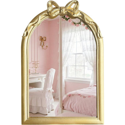 Miroir mural arqué 36x24, miroir de meuble-lavabo rétro pour salle de bain et chambre à coucher, cadre en bois d'ingénierie de style français antique avec ruban, esthétique Coquette