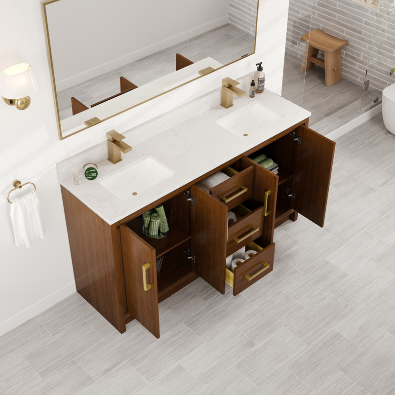 Meuble-lavabo double l 60 po x P 18 po Ilsa avec comptoir en quartz de Carrare blanc et lavabos en porcelaine encastrable