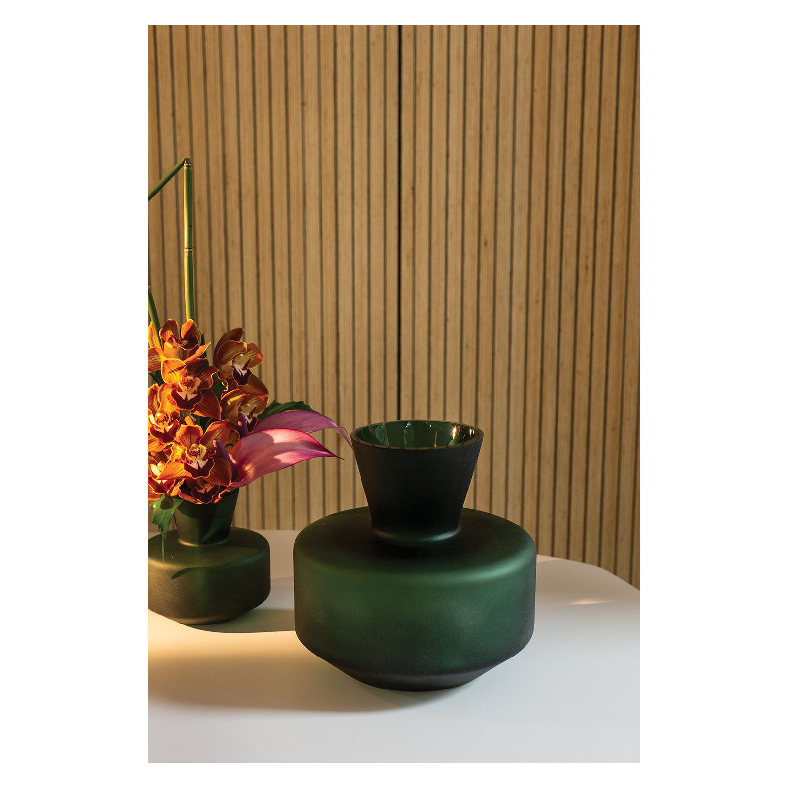 Green Glass Table Vase, 10" H x 10" W x 5.5" D