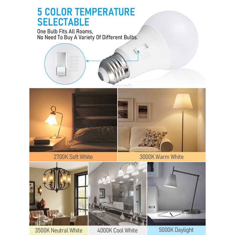 5CCT A19 LED Light Bulb, Dimmable, E26 Base, 8W, 2700K/3000K/3500K/4000K/5000K Selectable, 800LM