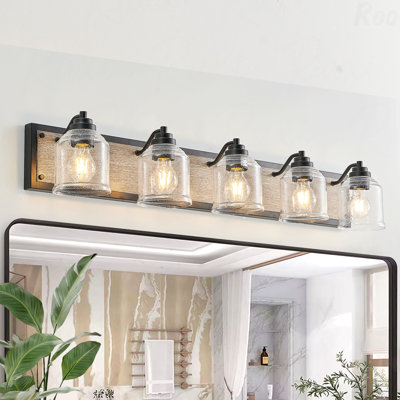 40" Bathroom Vanity Light - 5-Light Black Metal + Wood Grain, Clear Seeded Glass Shades, Farmhouse Industrial Design