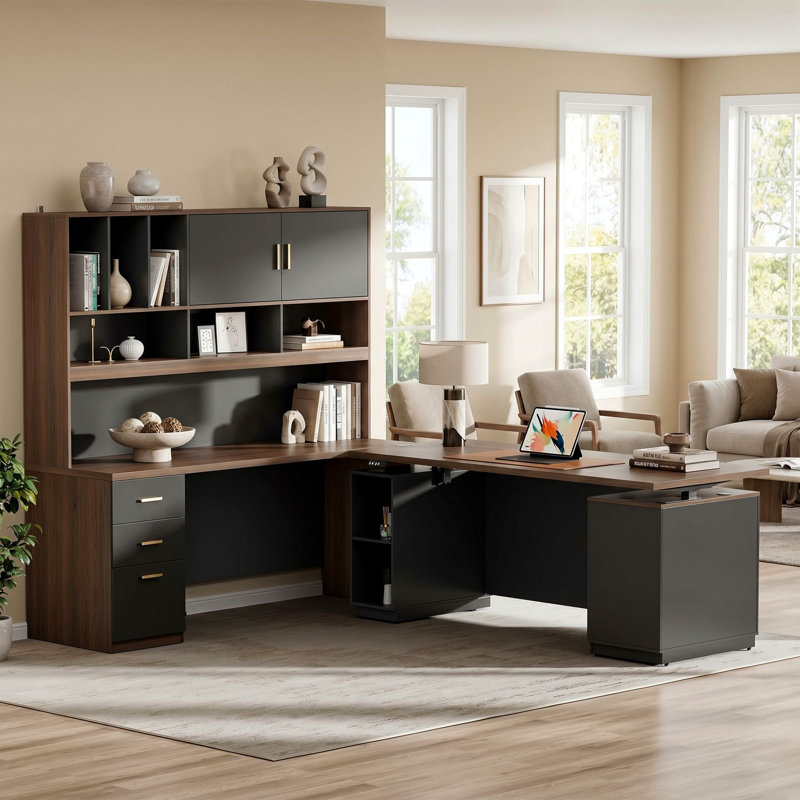 72.8''W Executive Standing Desk Furniture Set, Computer Desk With Hutch,71'' Electric Standing Desk With Large One-Piece Desktop Privacy Panel, Charging Station, File Cabinet For Home Office