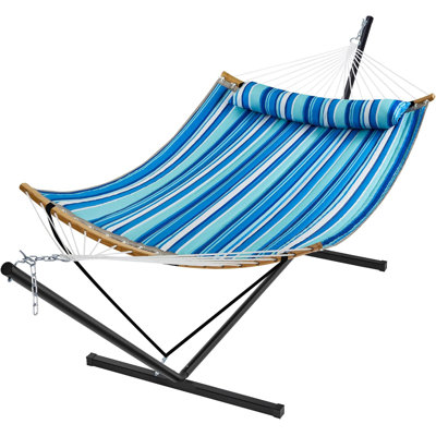Hammock With Stand, 2 Person Heavy Duty Hammock With Padded Cotton, Detachable Pillow & Strong Curved-Bar & Portable Carrying Bag For Outdoor & Indoor, Blue Stripe