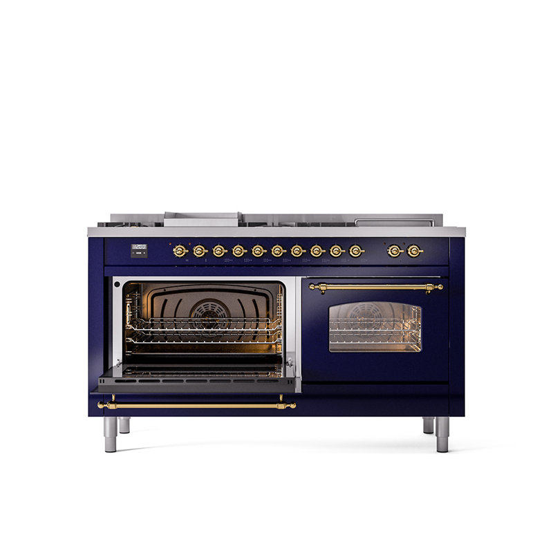 ILVE Nostalgie II Series 60 inch Dual Fuel Range with 5 Sealed Burners, Griddle, Frenchtop (Glass Door), Midnight Blue/Brass