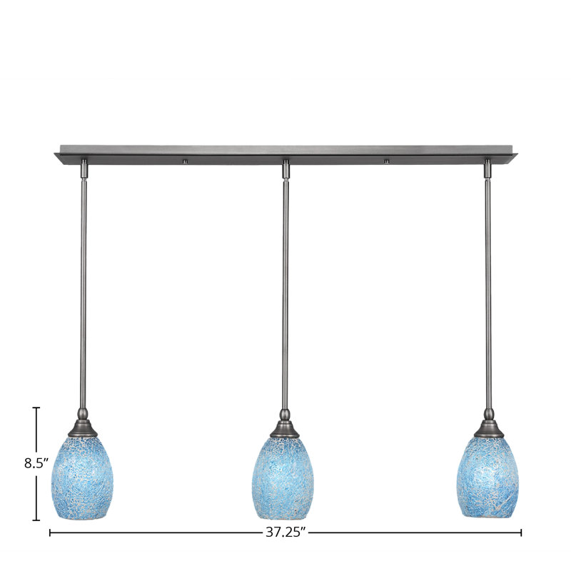 3 Light Stem Hung Linear Pendalier Shown With 5" Fusion Glass, Brushed Nickel, Turquoise