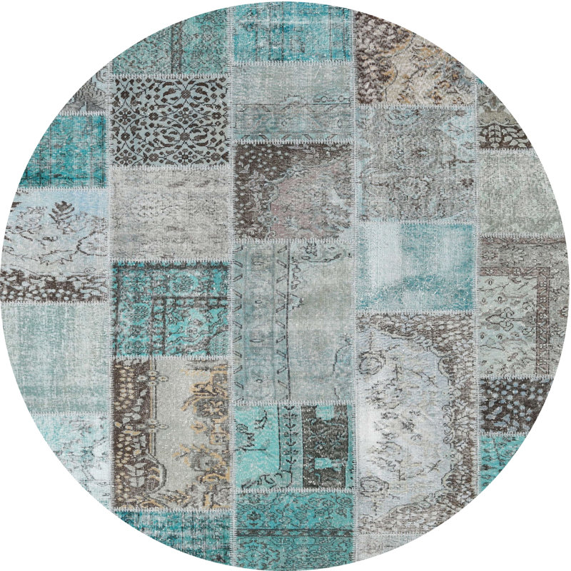 Tapis bleu/gris contemporain, Rond 4 pi