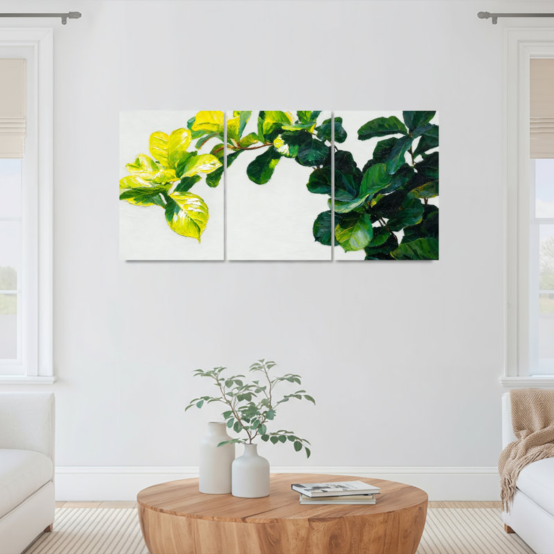 Ensemble de 3 tableaux sur toile à motif de feuilles vertes, idéal pour la décoration du salon et de la chambre.