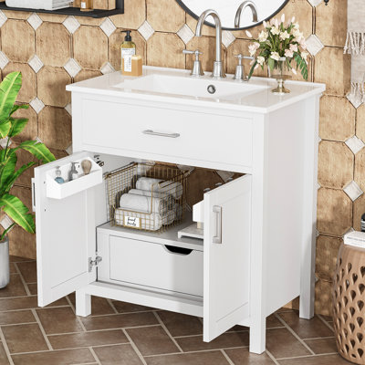 Meuble-lavabo simple avec lavabo en céramique et grand rangement