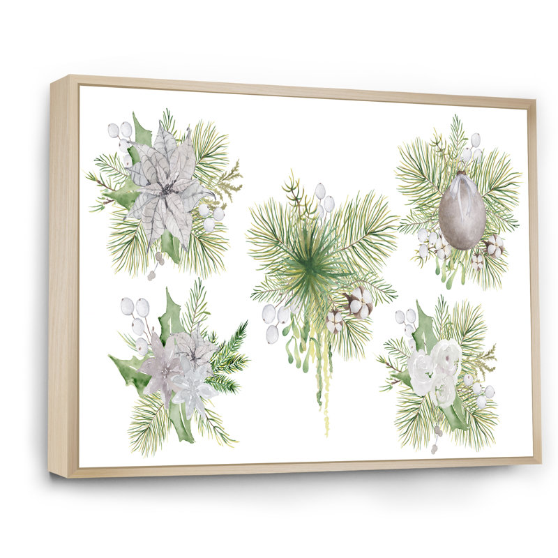 Bouquet floral de Noël avec coton, branches III - peinture sur toile, H 34 po x l 44 po, Toile avec cadre en érable