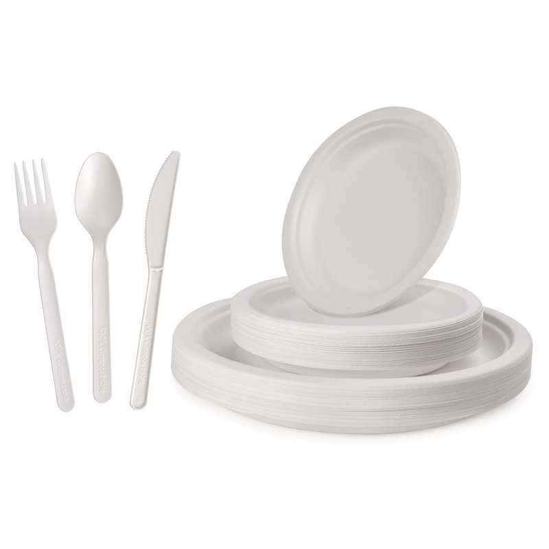 Compostable Disposable Paper Plates Combo and Utensil Set - 25 Sets