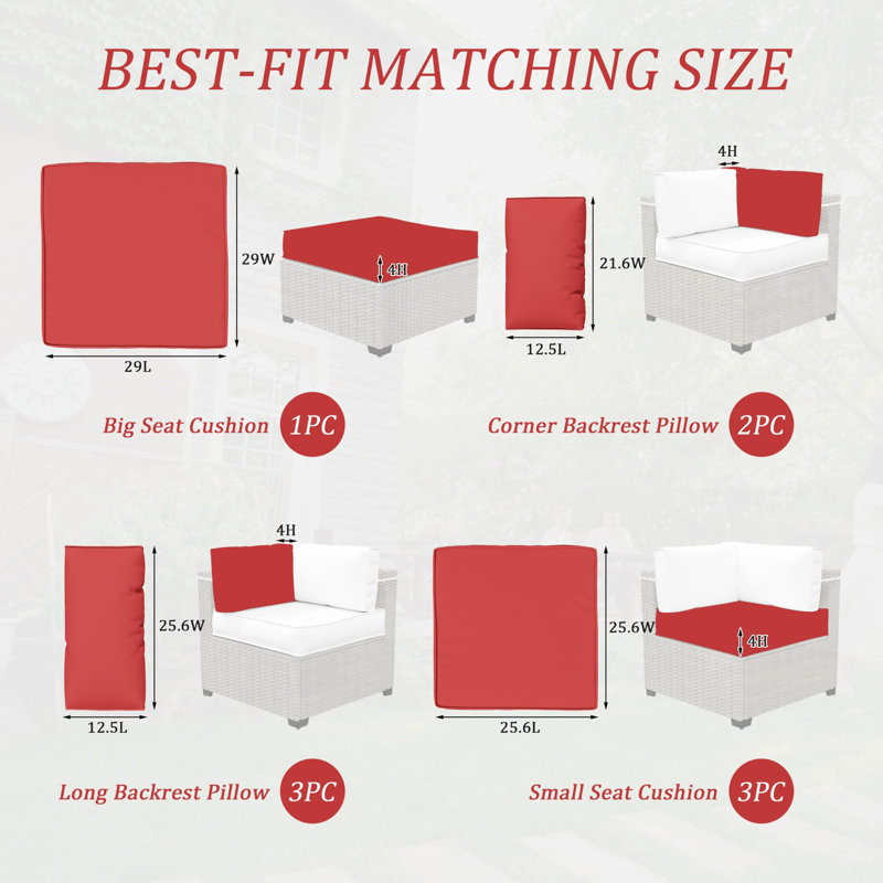 Outdoor 4" Thick Replacement Cushion Set Seat/Back Cushion (Set Of 3 Seats , 3 Backs , 2 Short Backs , 1 Footrest), Red