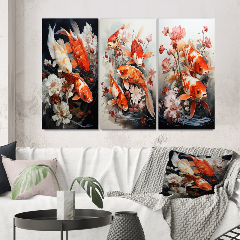 3 Piece Print Set - Fishing Contemporary Koi Fish, Wrapped Canvas, 28" H x 36" W