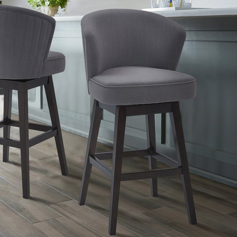 Khan Swivel Counter or Bar Height Armless Bar Stool with Footrest in Fabric and Espresso Wood, Gray