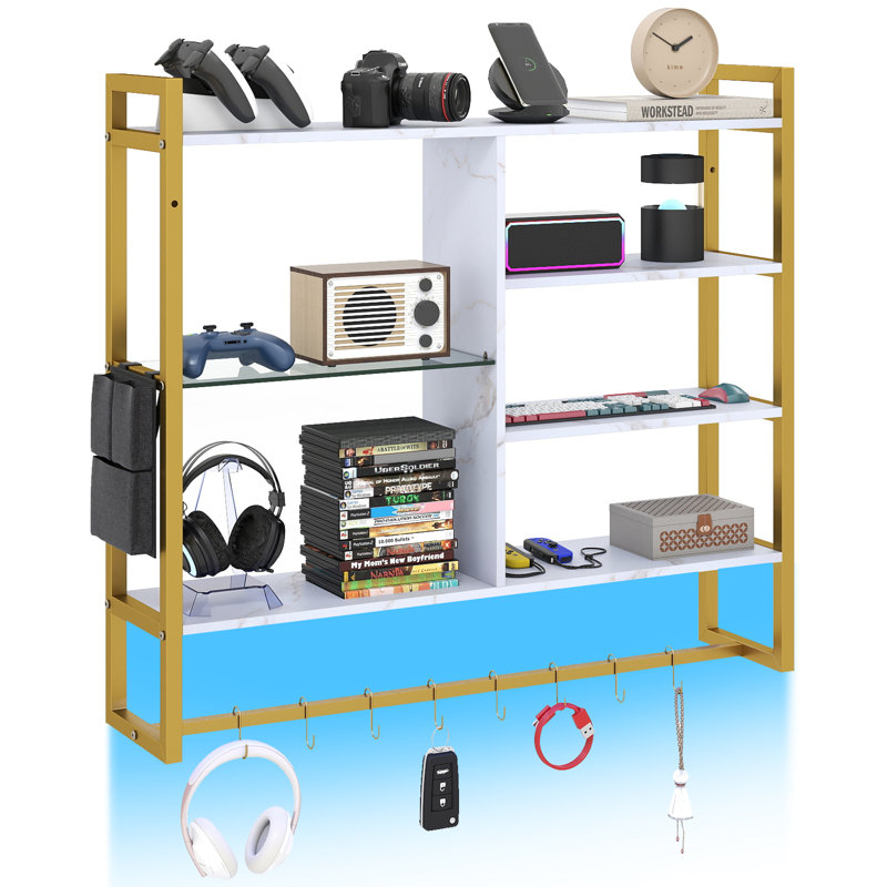 96cm H x 107cm W Metal Floating Bookcase, White/Gold