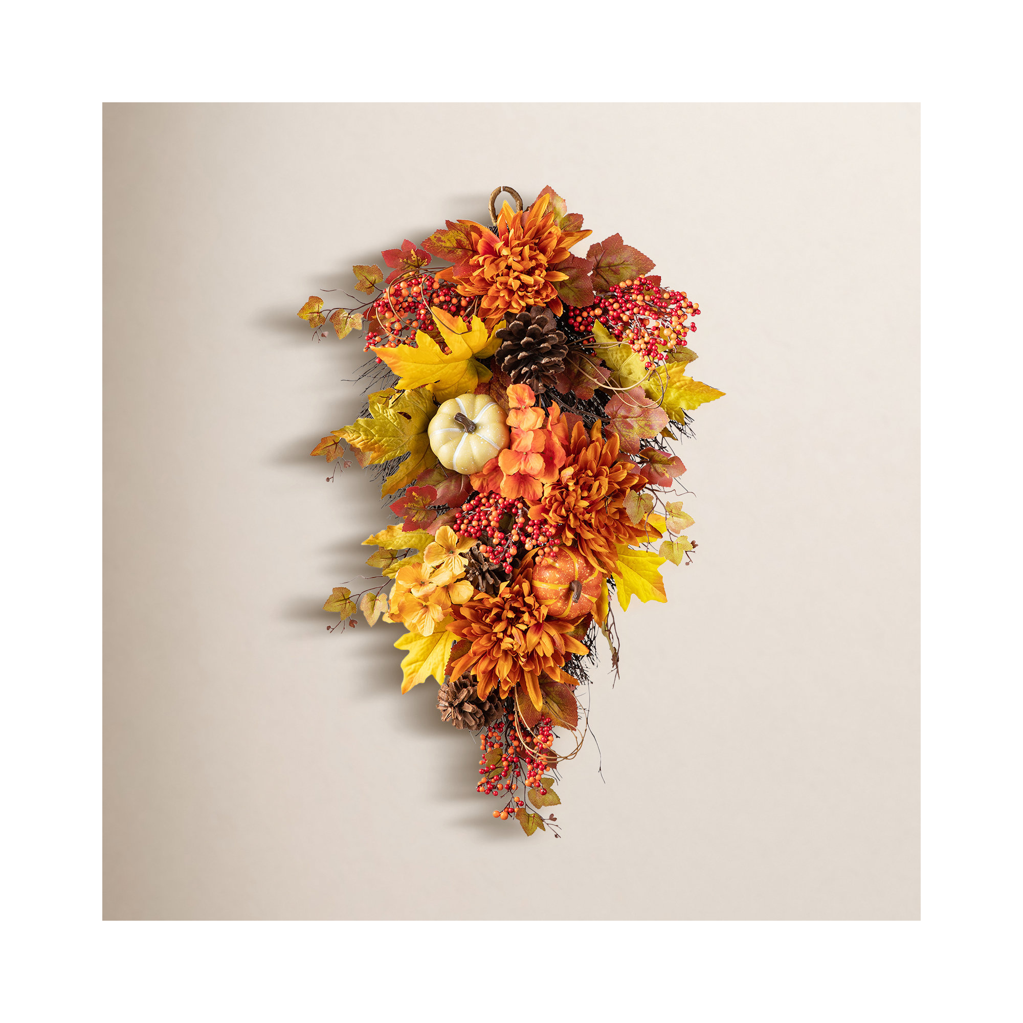 27"H Fall Dahlia Pumpkin, Leaf and Berry Teardrop