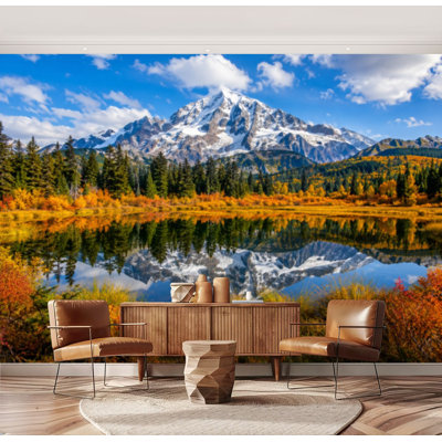Wall Mural Peel and Stick Wallpaper Picture lake mt shuksan fall colors WA Self-Adhesive Removable Contact Paper Wall Decor for Living Room Bedroom 69"H x 96"W