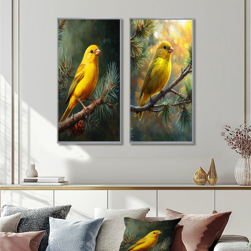 Oiseau pinson sur une branche de pin I - animaux, art mural 2 pièces, 28" H x 25" W, Encadrement argenté