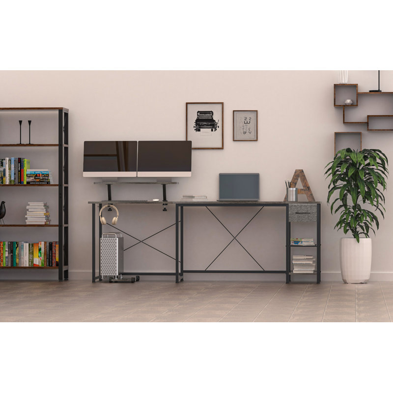Bureau en L, bureau d'écriture, bureau personnel avec tiroirs et tablettes de rangement, bureau de jeu en L, Gris