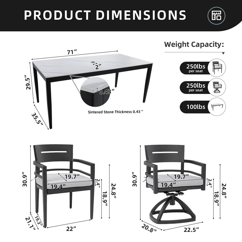 Ensemble de salle à manger d'extérieur moderne en aluminium de 7 pièces pour patio, table de salle à manger rectangulaire 35,5 po x 71 po, plateau en pierre frittée d'inspiration marbre blanc grec, noir Ember, 4 chaises et 2 chaises berçantes pivotantes, coussins Sunbrella