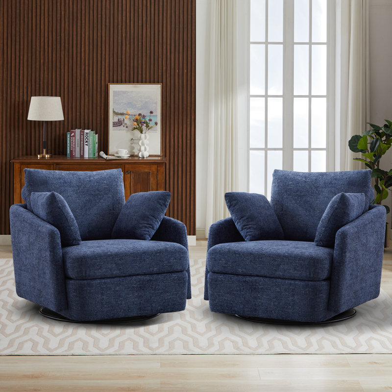 Upholstered Swivel Chair With 2 Side Pillows (set Of 2), Navy Chenille