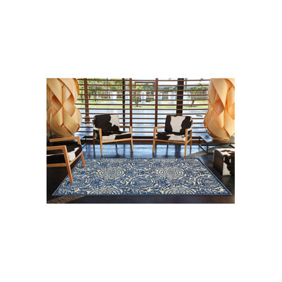 Machine Washable Floral Geometric Patterned Blue Woven Base Area Rug