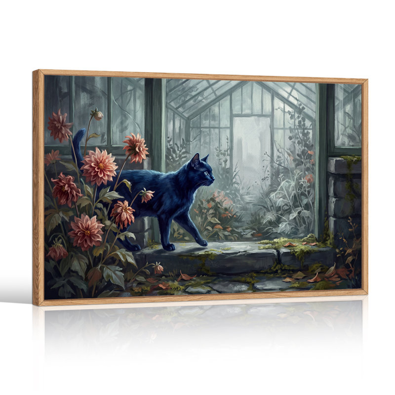 Chat noir se promenant dans une serre avec des dahlias roses - Toile murale d'Halloween, 36"H x 48"W