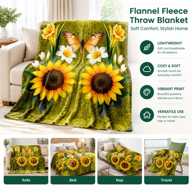 Couverture en flanelle Sunflower Butterfly, L 60 po x l 50 po