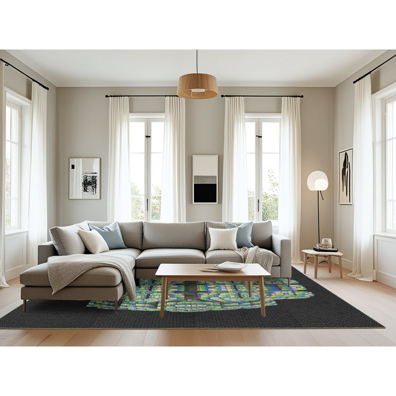 Tapis noir/vert tissé à la machine, Rectangle 8 pi x 12 pi