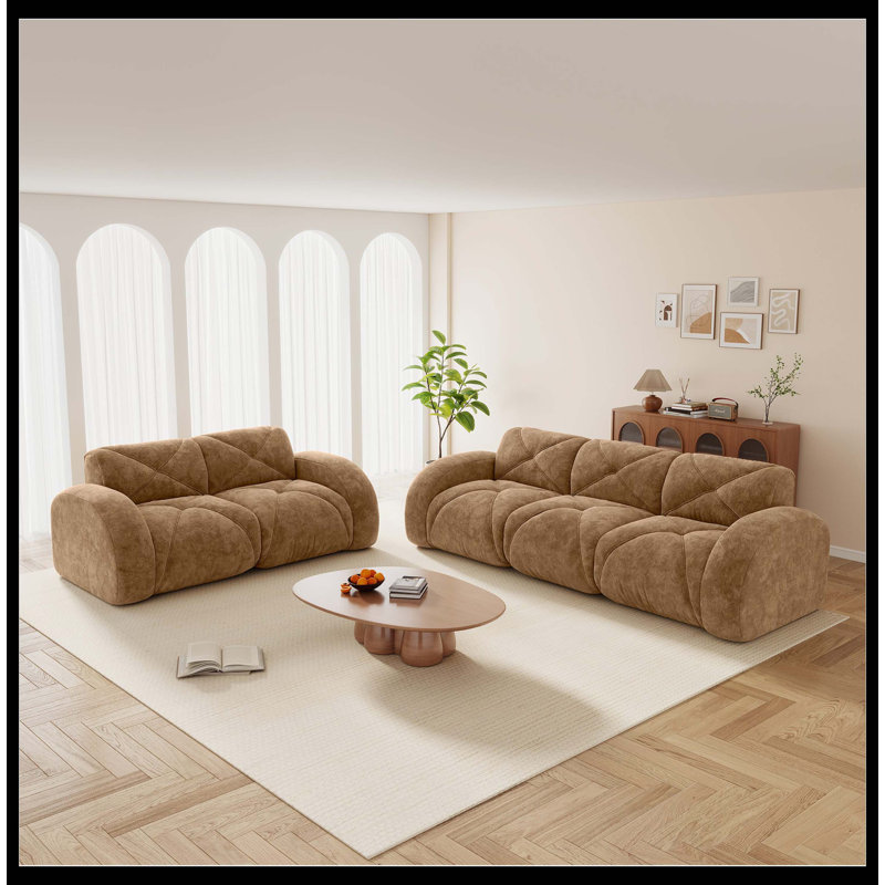Ensemble de canapé en velours 2 + 3 places Camel, canapé 2 pièces à assise profonde avec éponge haute densité 32D, aucun assemblage requis