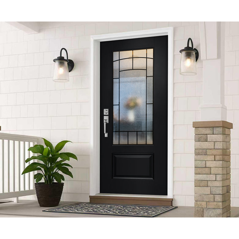 Porte d'entrée en fibre de verre noire KHSHOW avec porte à moulure en brique et en vinyle de 36 po x 80 po, conception noire lisse brossée