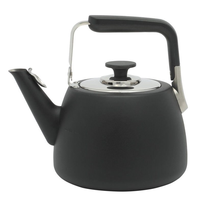 Large Brushed Stainless Steel Whistling Tea Kettle with Black Handle