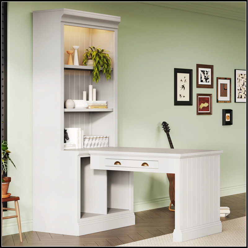 Bibliothèque de 83,4 po de hauteur avec bureau d'écriture, bibliothèque moderne avec bureau d'étude, poste de travail avec tablette de rangement, bibliothèque de rangement avec tablettes ouvertes et éclairage DEL pour le salon, le bureau personnel