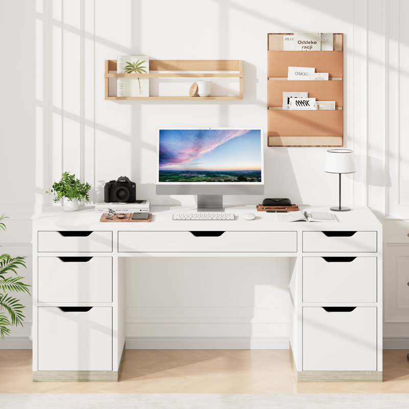 Bureau de direction avec tiroirs de rangement, bureau d'ordinateur de 54 pouces avec 7 tiroirs et classeur pour bureau à domicile, chambre à coucher, espace de travail
