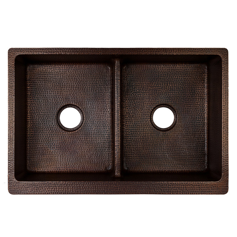 33" Hammered Copper Kitchen Apron 50/50 Double Basin Sink with Short 5" Divider w/ Matching Drains and Accessories