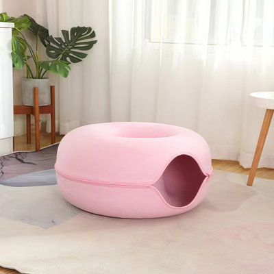 Lit pour chat en forme de beignet en forme de beignet avec boules de jouets interactives, cache-chat détachable lavable 2-en-1, lit pour chat multifonctionnel et tunnel pour chats d'intérieur et petits chiens, bleu / rose