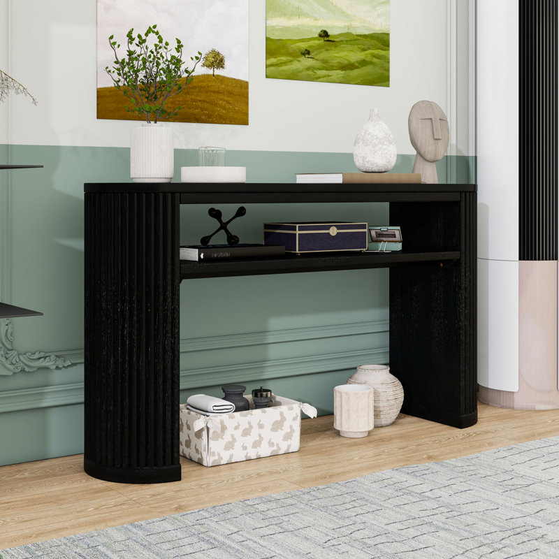 Console ovale avec pieds cannelés, présentoir de canapé avec tablette ouverte pour le vestibule, le couloir ou le salon, Noir