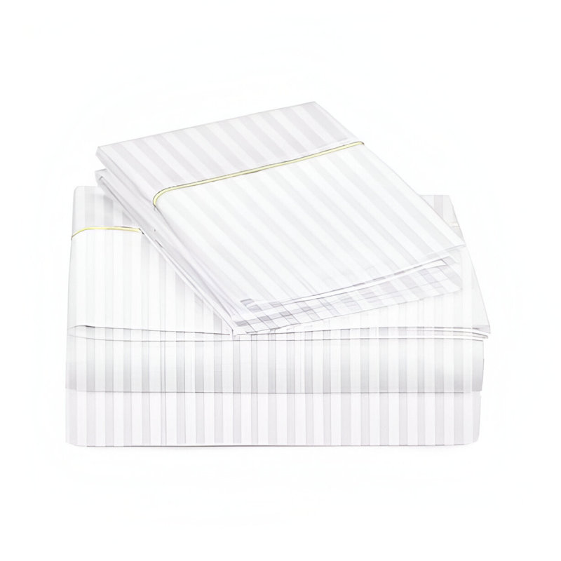 400TC Single Embroidery Sateen Stripe Cotton 4 Piece Sheet Set Fitted Sheet Fits Upto 16" Deep Pocket, Full XL Sheet Set