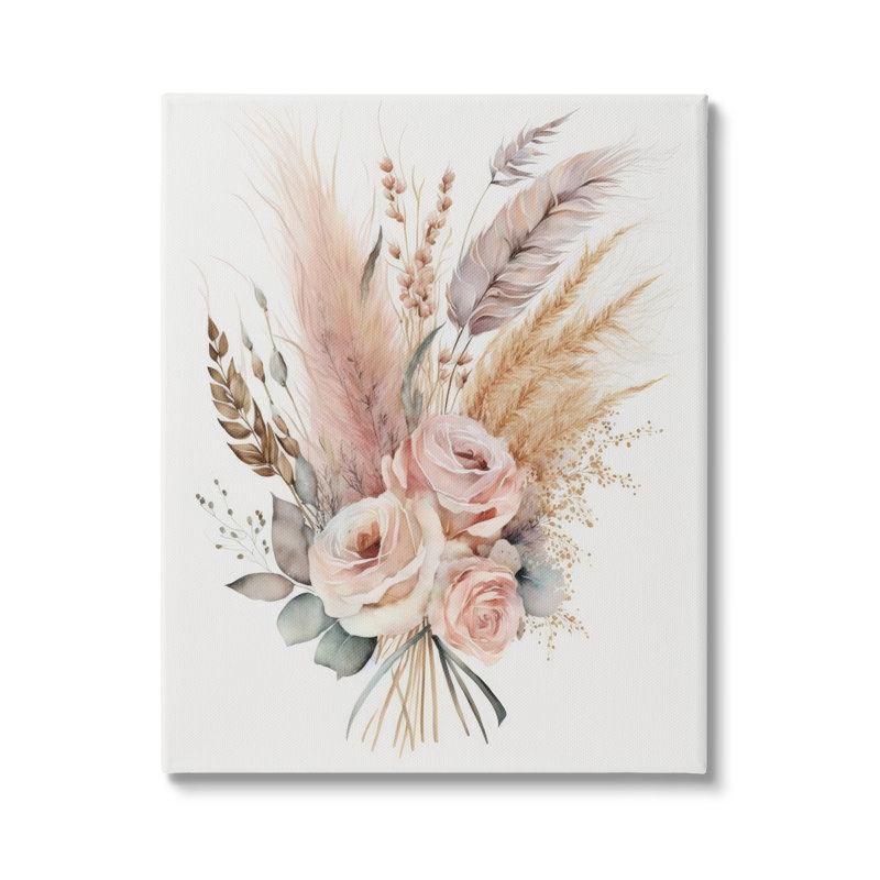 Plumes de bohème et roses sur toile, H 48 po x l 36 po x P 1,5 po