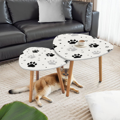 Triangle Nesting Coffee Table Set of 2 Cat paw cat breed kitten hand doodle seamless End Table Modern Minimalist Side Table Set for Living Room Bedroom